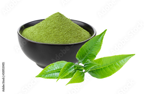 instant matcha green tea in black bowl and leaf on transparent png