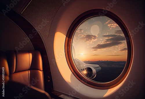 Luxury interior in the modern business jet and sunlight at the window/sky and clouds through the porthole. Generative Ai