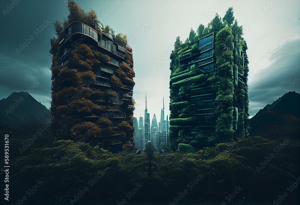 Buildings Growing Pattern Ilustracja Stock: two tall buildings with plants growing on the sides ...