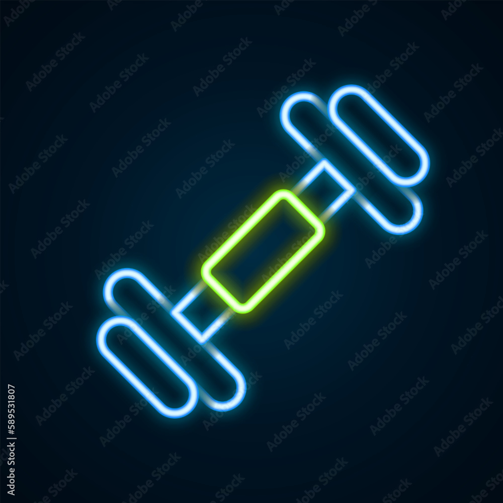 Glowing neon line Dumbbell icon isolated on black background. Muscle lifting, fitness barbell, sports equipment. Colorful outline concept. Vector Glowing neon line Dumbbell icon isolated on black background. Muscle lifting, fitness barbell, sports equipment. Colorful outline concept. Vector