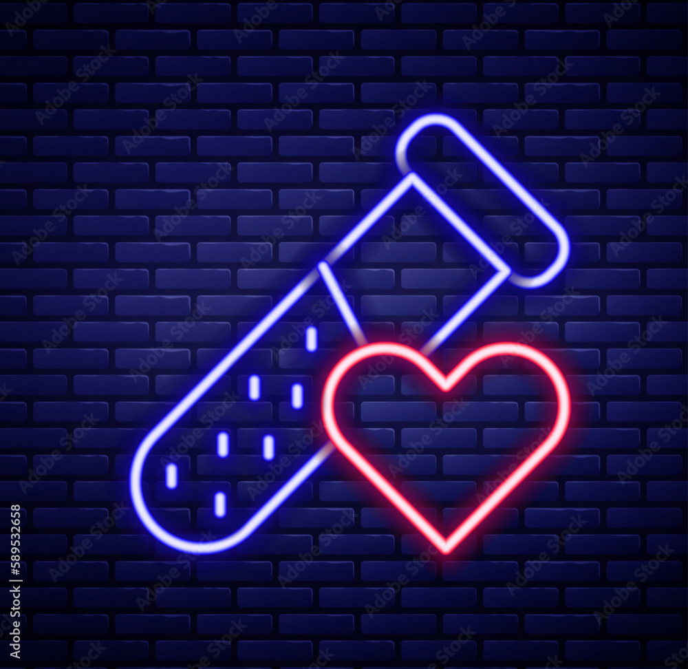 Glowing neon line Test tube or flask with blood icon isolated on brick wall background. Laboratory, chemical, scientific glassware sign. Colorful outline concept. Vector Glowing neon line Test tube or flask with blood icon isolated on brick wall background. Laboratory, chemical, scientific glassware sign. Colorful outline concept. Vector