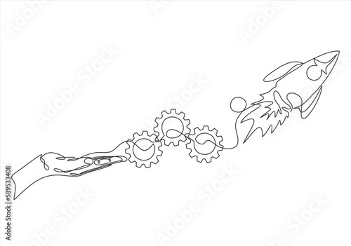 continuous one single line drawing of hand holding gears and Business project Start Up concept with rocket ship in one line drawing style. 
