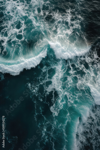 Spectacular aerial top view background photo of ocean, white wave splashing in the deep sea. 