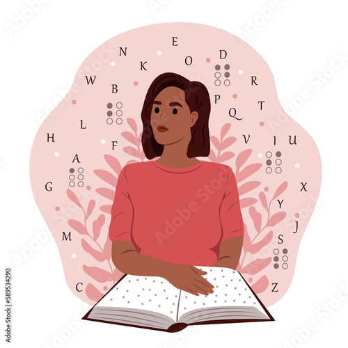 Black woman reads something in Braille. World Braille Day. World Braille Day. November 13 - International Day of the Blind. June 27 - International Day of the Deaf-Blind.