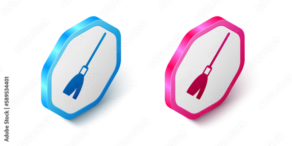 Isometric Handle broom icon isolated on white background. Cleaning service concept. Hexagon button. Vector Isometric Handle broom icon isolated on white background. Cleaning service concept. Hexagon button. Vector