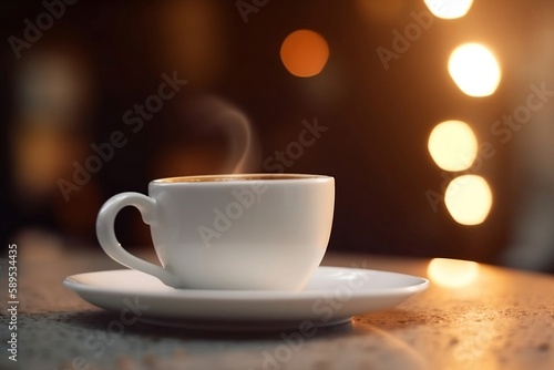 Coffee Cup on Table in Cafe - Breakfast and Coffeehouse Concept with Copy Space and Background Blur