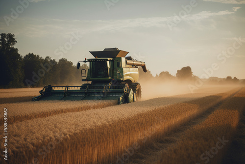 Combine harvester collecting wheat in field. ai generative