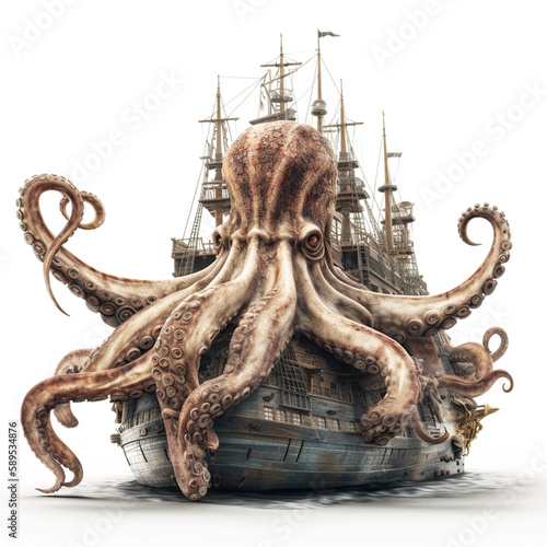 ancient kraken on a ship isolated in white background