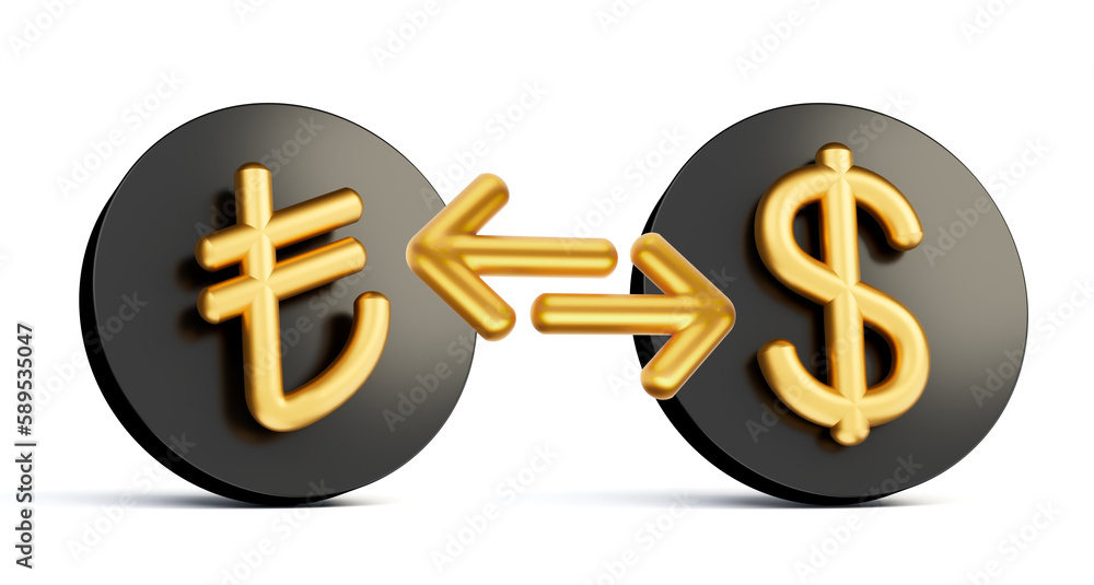 3d Golden Lira And Dollar Symbol On Rounded Black Icons With Money Exchange Arrows, 3d illustration 3d Golden Lira And Dollar Symbol On Rounded Black Icons With Money Exchange Arrows, 3d illustration