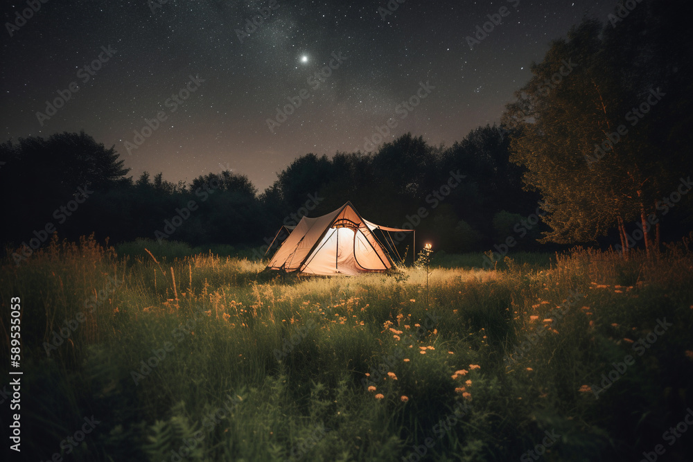 a travel tent with bright lamps set up in a grassy clearing under a tree and a starry sky. ai generative