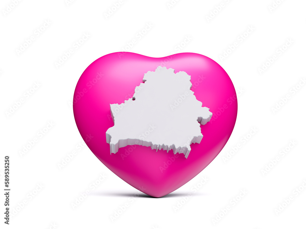 3d Pink Heart With 3d White Map Of Belarus Isolated On White Background, 3d illustration