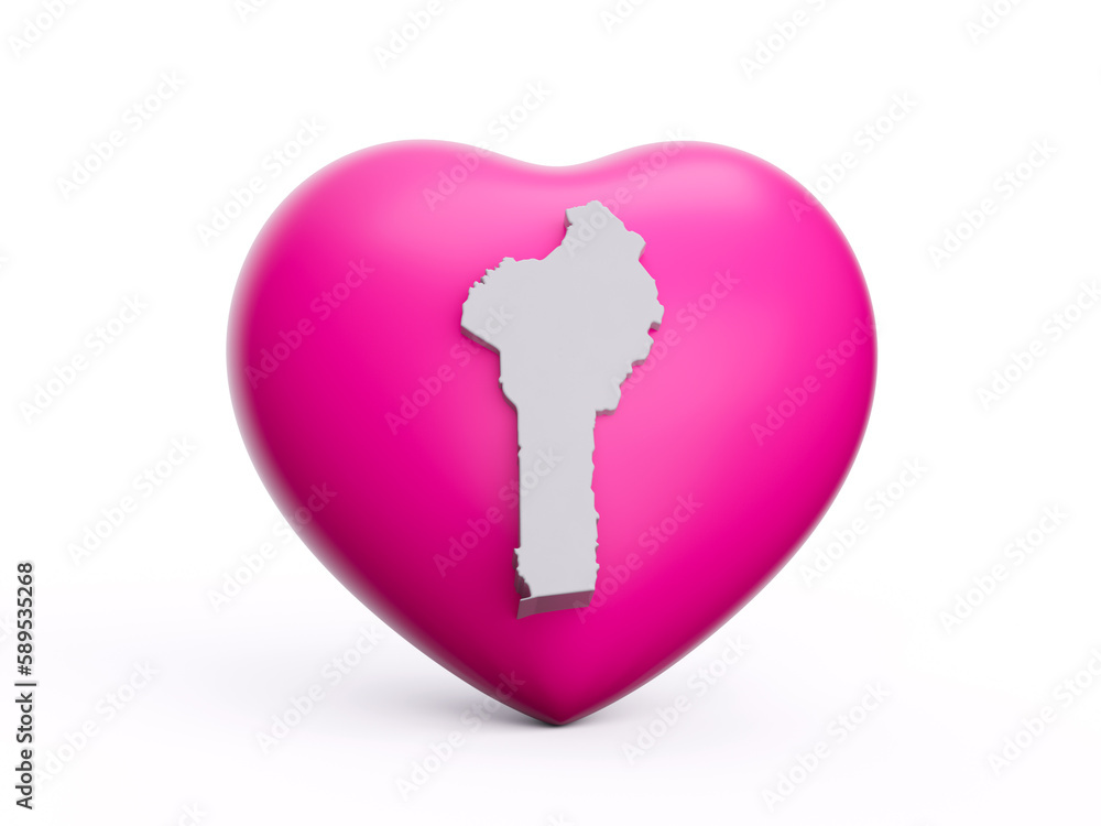 3d Pink Heart With 3d White Map Of Benin Isolated On White Background, 3d Illustration 3d Pink Heart With 3d White Map Of Benin Isolated On White Background, 3d Illustration