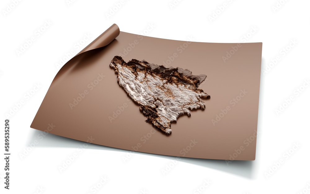 Map Of Bosnia And Herzegovina Old Style Brown On Unrolled Map Paper Sheet, 3d illustration Map Of Bosnia And Herzegovina Old Style Brown On Unrolled Map Paper Sheet, 3d illustration