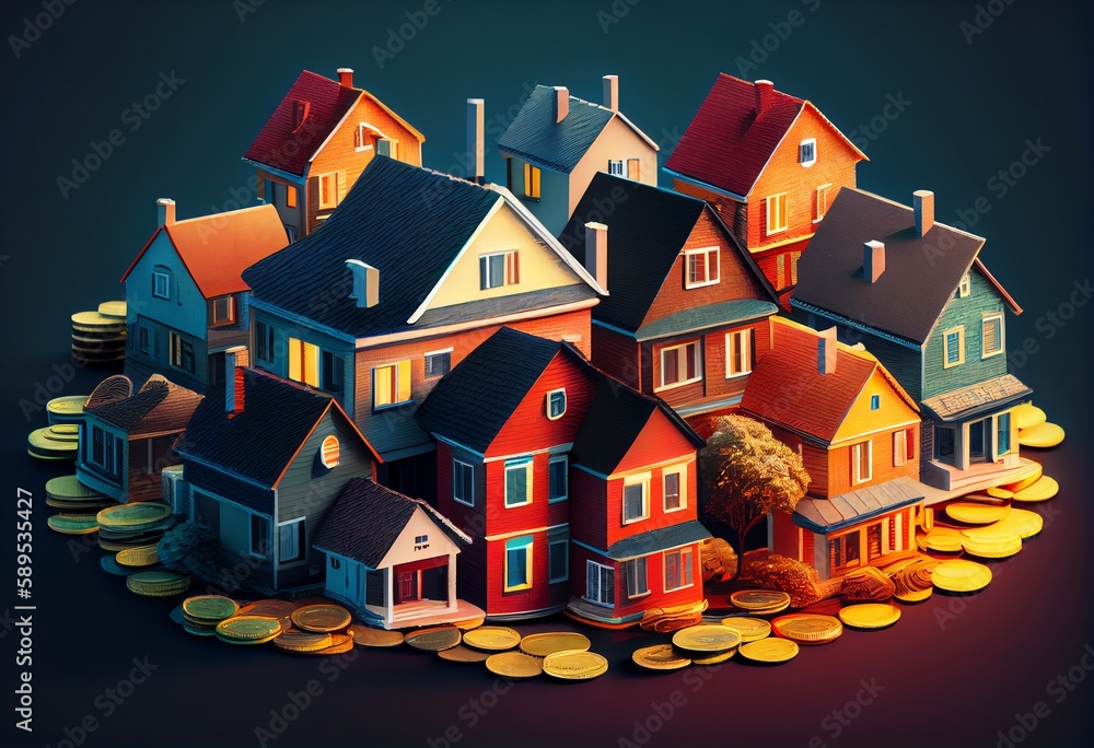 Many houses with a lot of coin stack for the idea of property investment, income, tax, and passive income. Generative AI