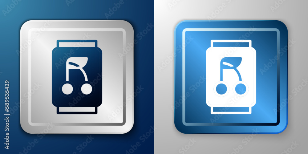 White Soda can icon isolated on blue and grey background. Silver and blue square button. Vector White Soda can icon isolated on blue and grey background. Silver and blue square button. Vector