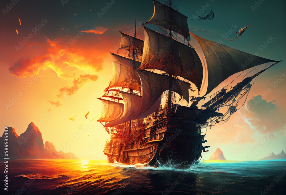 Fototapeta premium Sci-Fi pirate ship sailing to the horizon. Generative AI