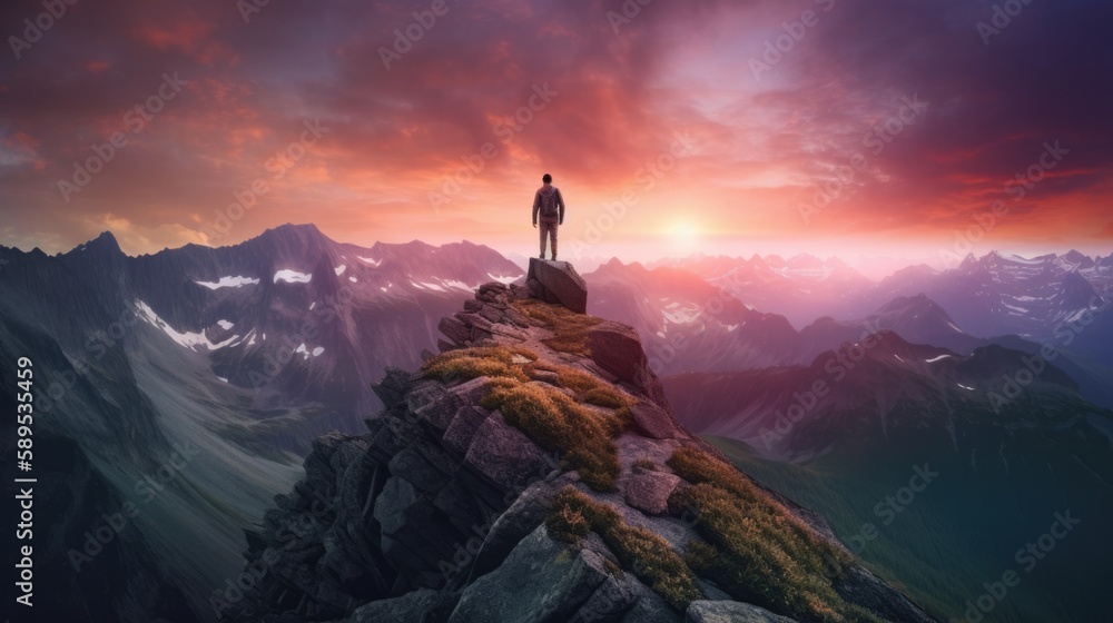 Fototapeta premium silhouette of a person on a mountain top, Generative AI
