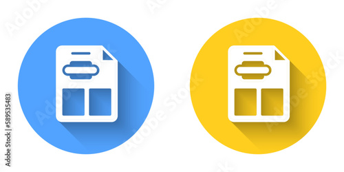 White Restaurant cafe menu icon isolated with long shadow background. Circle button. Vector