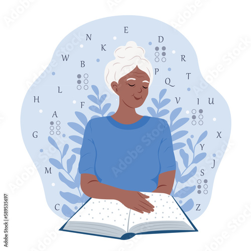 Elderly black woman reads something in Braille. June 27 - International Day of the Deaf-Blind.World Braille Day. November 13 - International Day of the Blind.