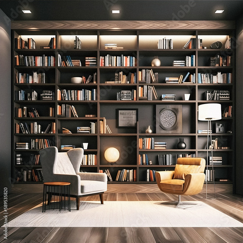 Sleek and Sophisticated: A Contemporary Bookshelf with an Elegant Design, Showcasing a Photorealistic Backdrop of a Study Filled with Books