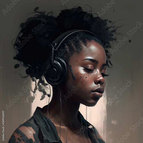 A black woman who is completely still and focused her headphones providing her with an escape from the outside world.. AI generation