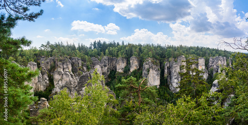 Prachov rocks (Prachovske skaly) in Cesky Raj region, Czech Republic. Sandstone rock formation in vibrant forest.