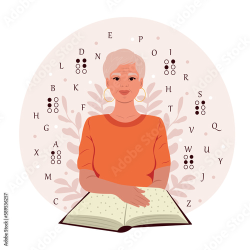 Elderly woman reads something in Braille. World Braille Day.