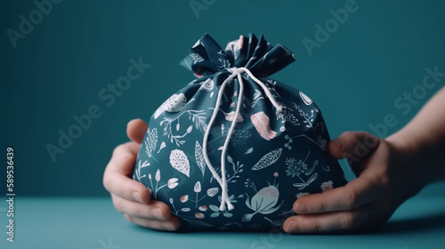 Female hands holding a gift in eco friendly reusable fabric package on blue background. Generative AI.