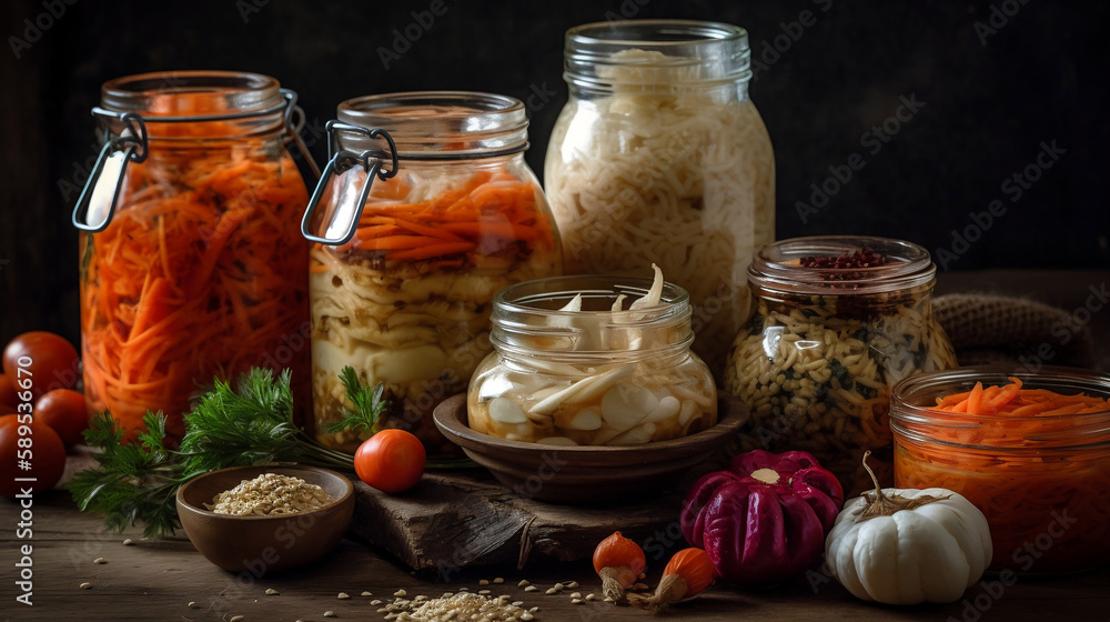 Fermented food, probiotic sources. Generative AI. Fermented food, probiotic sources. Generative AI.