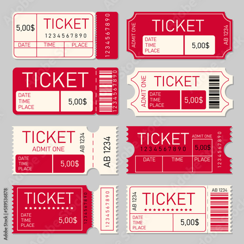 Ticket template set for cinema, theater, concert, play, party, event or festival. Vintage paper admit one and ticket samples icons. Vector illustration