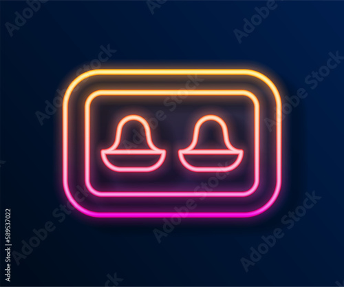 Glowing neon line Earplugs with storage box icon isolated on black background. Ear plug sign. Noise symbol. Sleeping quality concept. Vector