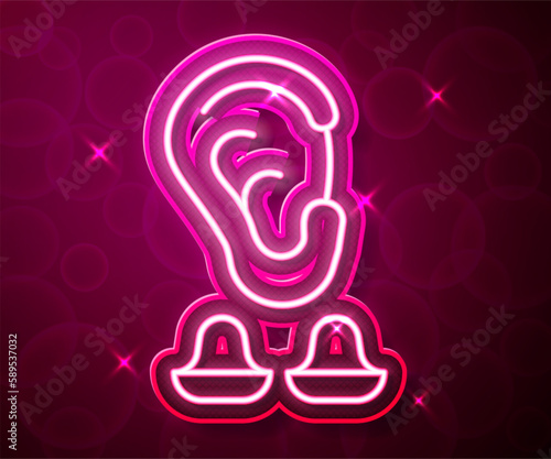 Glowing neon line Earplugs and ear icon isolated on red background. Ear plug sign. Noise symbol. Sleeping quality concept. Vector