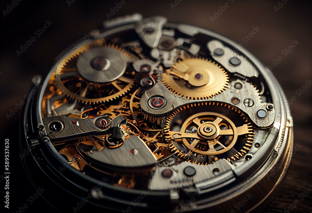 Gears and cogs in clockwork watch mechanism. Craft and precision - elegant detailed stainless steel and metal. - Generative AI