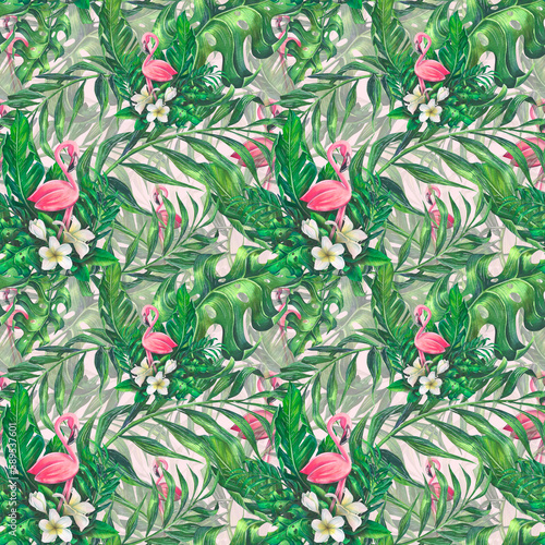 Tropical palm leaves with white plumeria flowers and pink flamingos. Hand drawn watercolor illustration, seamless pattern for fabric, textile, wallpaper, packaging, wrapping and scrapbooking paper. © NATASHA-CHU
