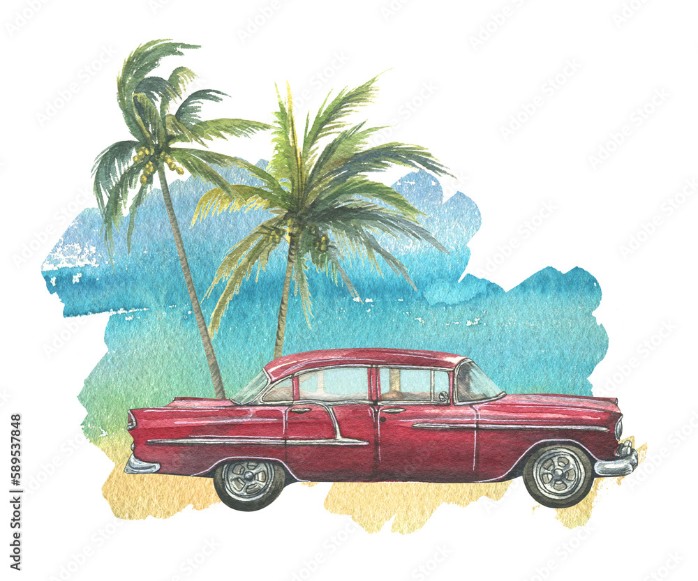 Red retro car with tropical palm trees against the blue sky. Watercolor illustration hand drawn. Composition isolated on white background for postcard, summer, beach, poster, souvenir, print, sticker