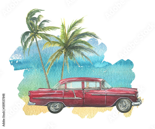 Photography Red retro car with tropical palm trees against the blue sky