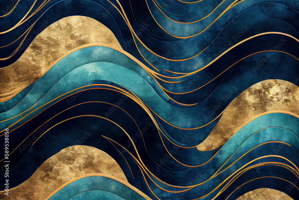 Sea waves pattern abstract background, blue and gold waves texture ...