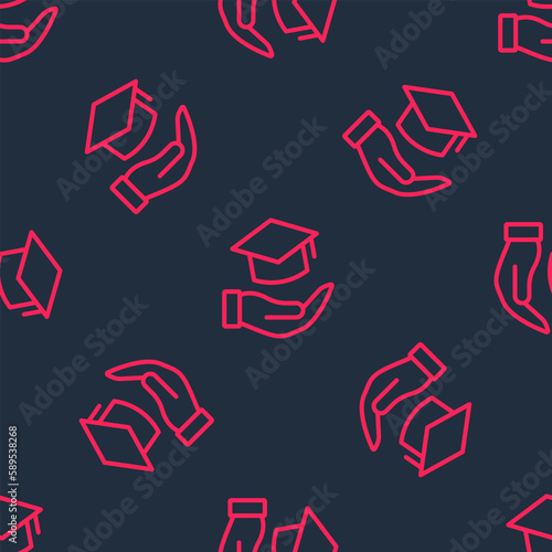 Red line Education grant icon isolated seamless pattern on black background. Tuition fee, financial education, budget fund, scholarship program, graduation hat. Vector
