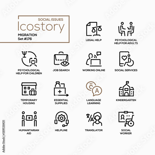 Social assistance for migrants - line design style icons set