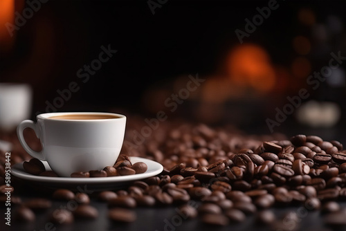 Fresh roasted coffee beans background with cup of coffee and copy space for text. Generative AI