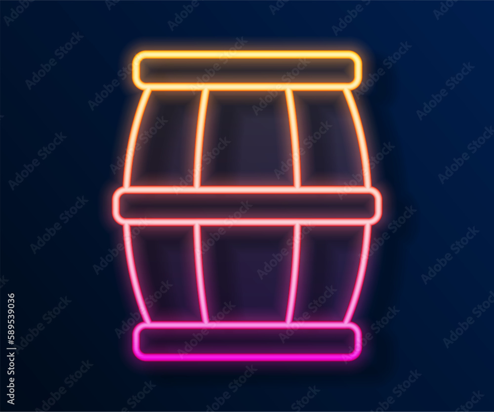 Glowing neon line Wooden barrel with honey icon isolated on black background. Vector