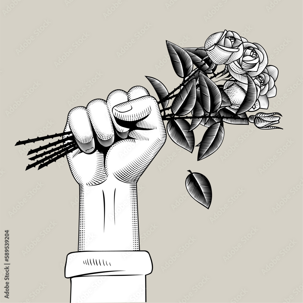 Vecteur Stock Raised hand holding bouquet of roses flowers. Vintage