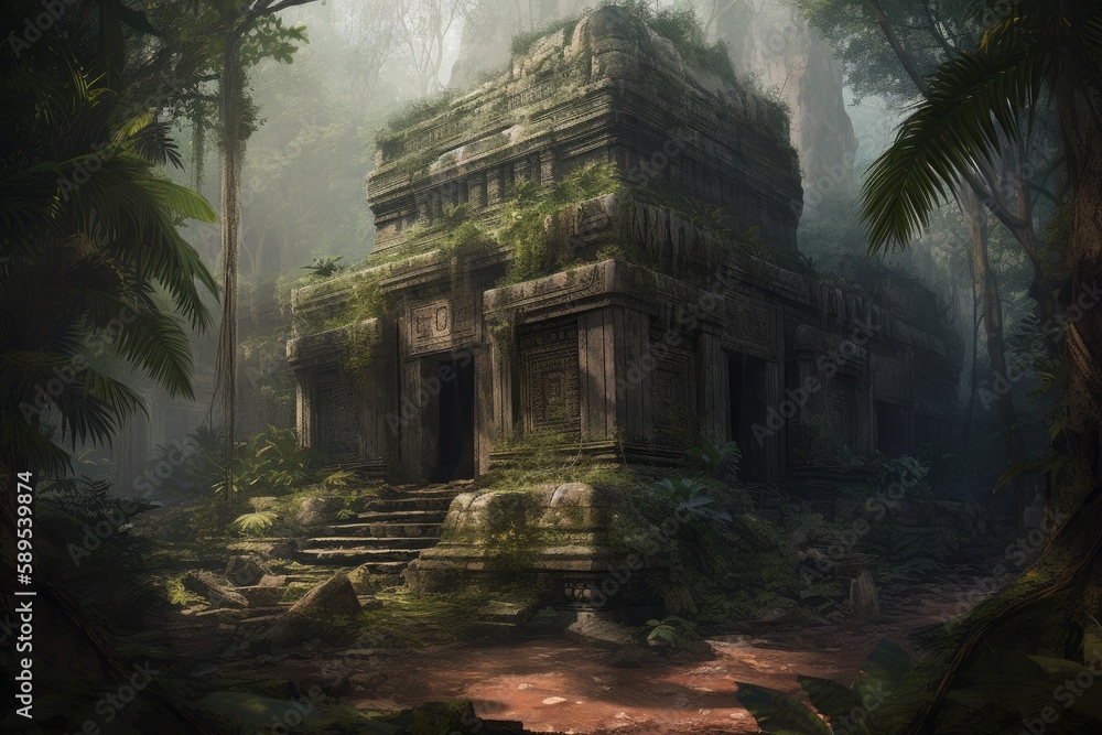 Temple ruins. A large building in the middle of the jungle. Temple of the Sun. Generative AI.