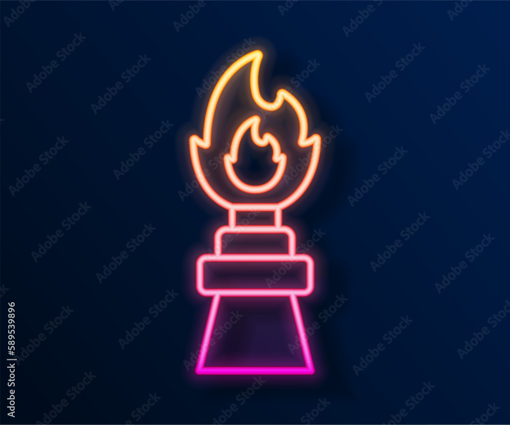 Glowing neon line Oil rig with fire icon isolated on black background. Fire accident. Gas tower. Industrial object. Vector Glowing neon line Oil rig with fire icon isolated on black background. Fire accident. Gas tower. Industrial object. Vector
