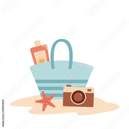 Women's bag with sunscreen, camera and starfish on the sand. Vector illustration of beach accessories. Sea holiday concept