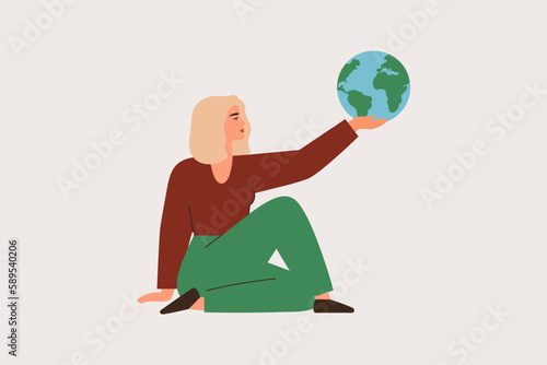 Young woman holds on hand small Earth and look at it. Strong female with blonde hair care about our Planet and sustainable lifestyle. Ecology movement and environmental activists concept. Vector