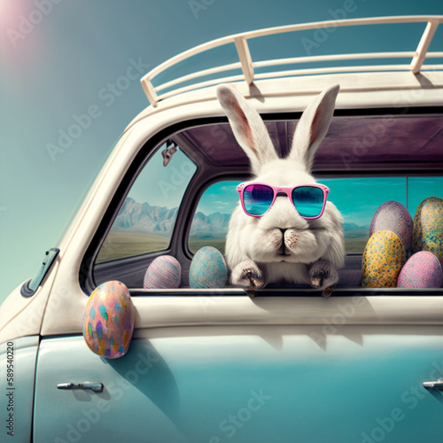A rabbit wearing sunglasses and a purple sunglasses looks out of a car window © designwala
