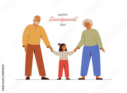 Grandparents Day card with elderly couple and their granddaughter. Happy senior man and woman hold by hands their grandchild. Vector illustration.