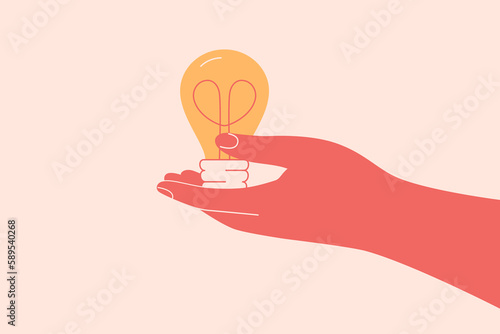 Hand holds light bulb. Human Hand gives to someone lamp with heart inside of it. Concept of creativity business ideas and solutions . Vector illustration