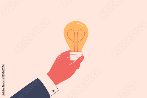 Male arm in suit holds light bulb with heart inside of it. Human Hand with electric lamp. Concept of business ideas and creative solutions. Vector illustration